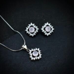 Cubic zirconia pendant earring set 925 sterling silver and pink white CZ neckalce, Unique handmade birthday gift, Wedding jewelry for bride