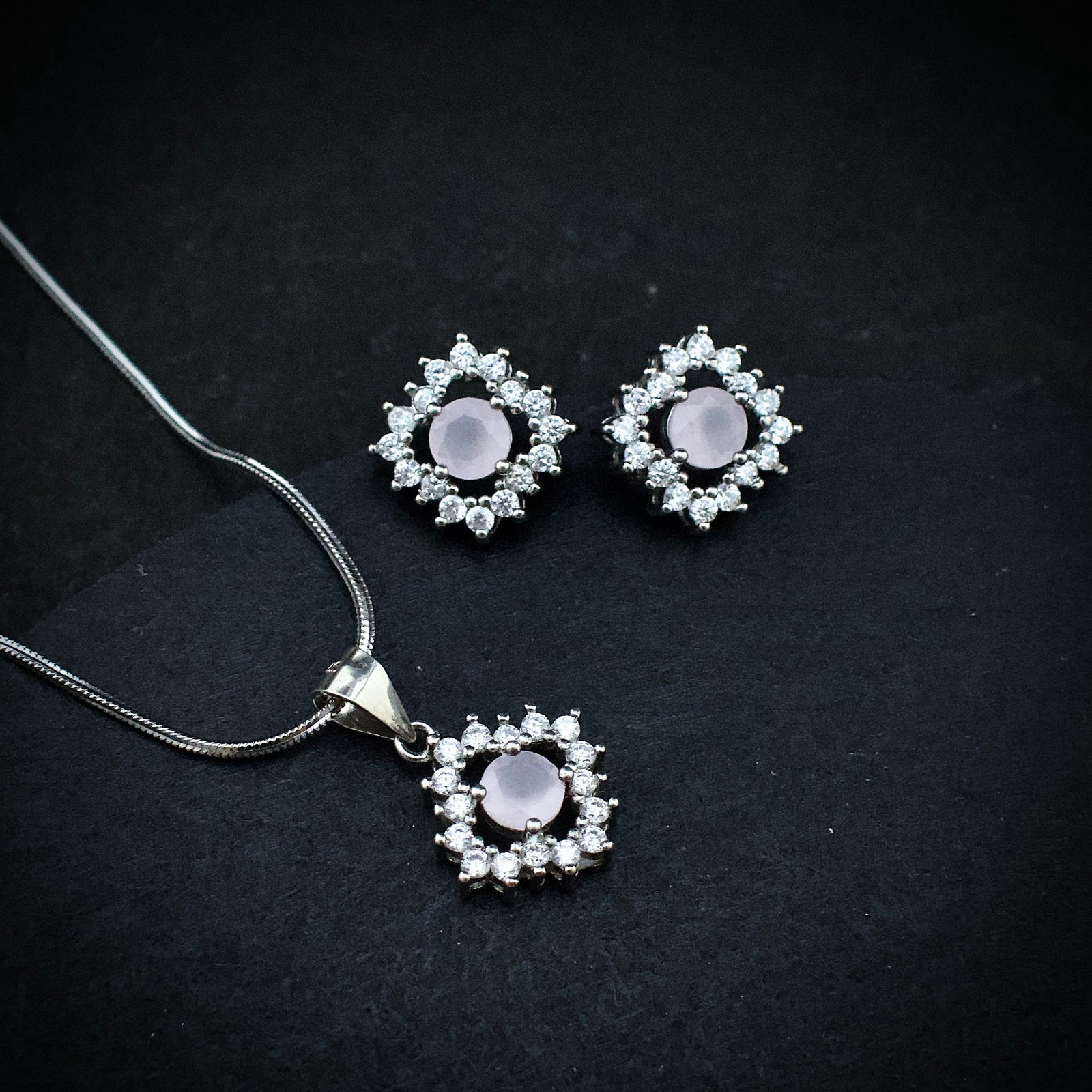 Cubic zirconia pendant earring set 925 sterling silver and pink white CZ neckalce, Unique handmade birthday gift, Wedding jewelry for bride