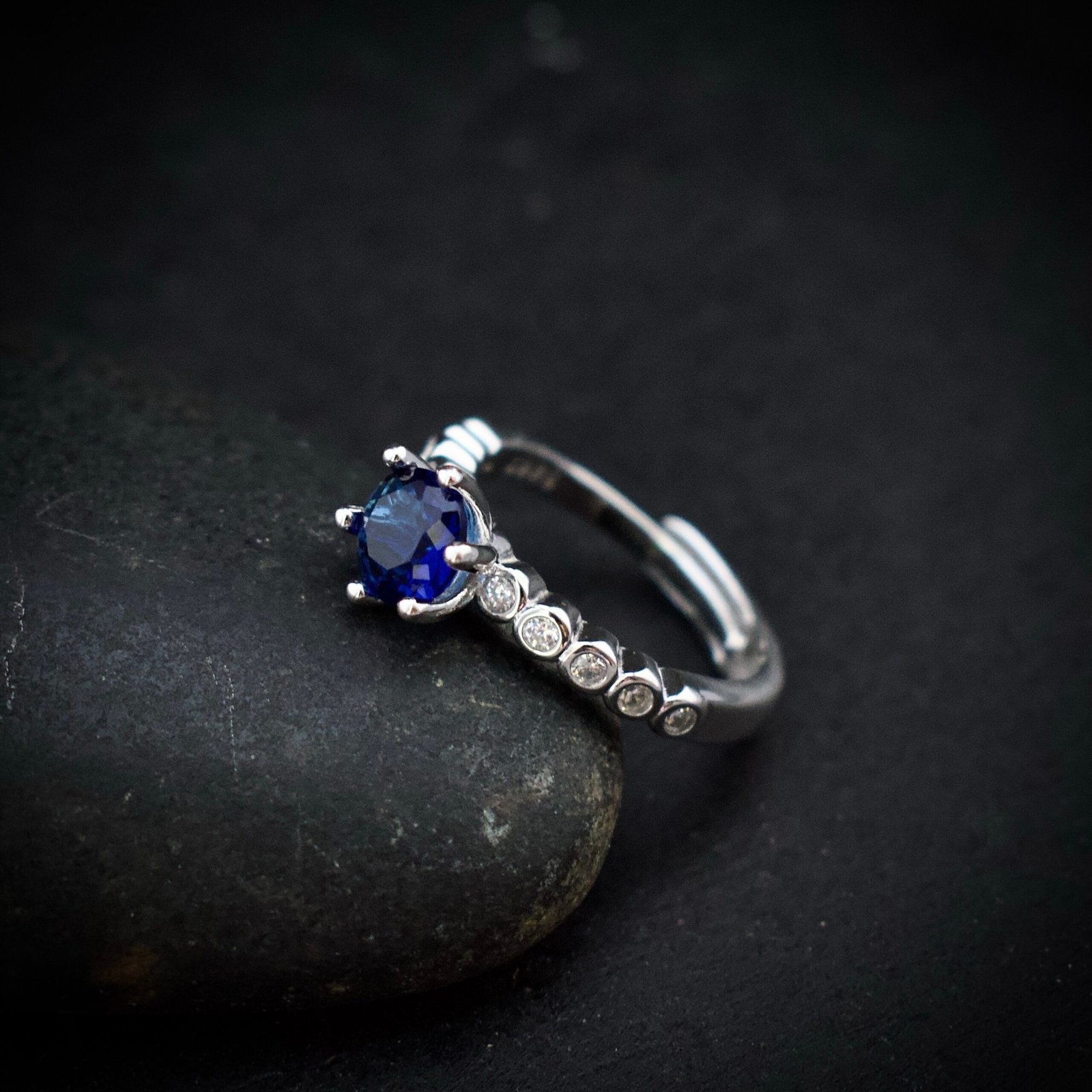 Blue and white cubic zirconia ring, 925 sterling silver ring, Adjustable ring, Unique handmade birthday gift, Wedding ring for bride