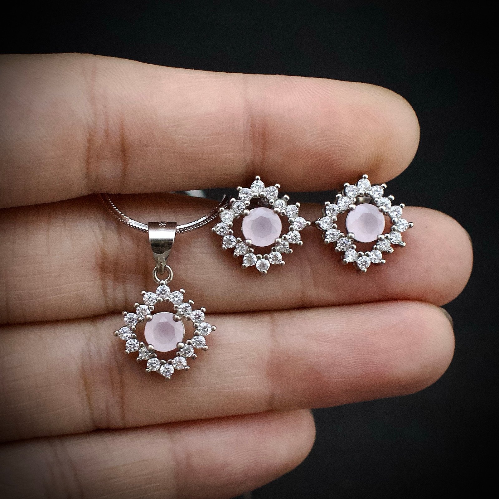 Cubic zirconia pendant earring set 925 sterling silver and pink white CZ neckalce, Unique handmade birthday gift, Wedding jewelry for bride