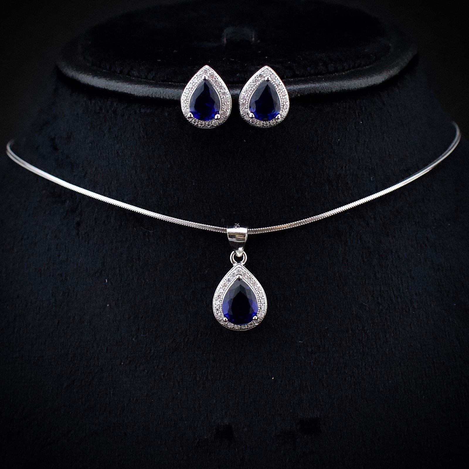 Cubic zirconia pendant earring set, 925 sterling silver and Blue white CZ necklace, Unique birthday gift, Wedding jewelry for bridesmaid