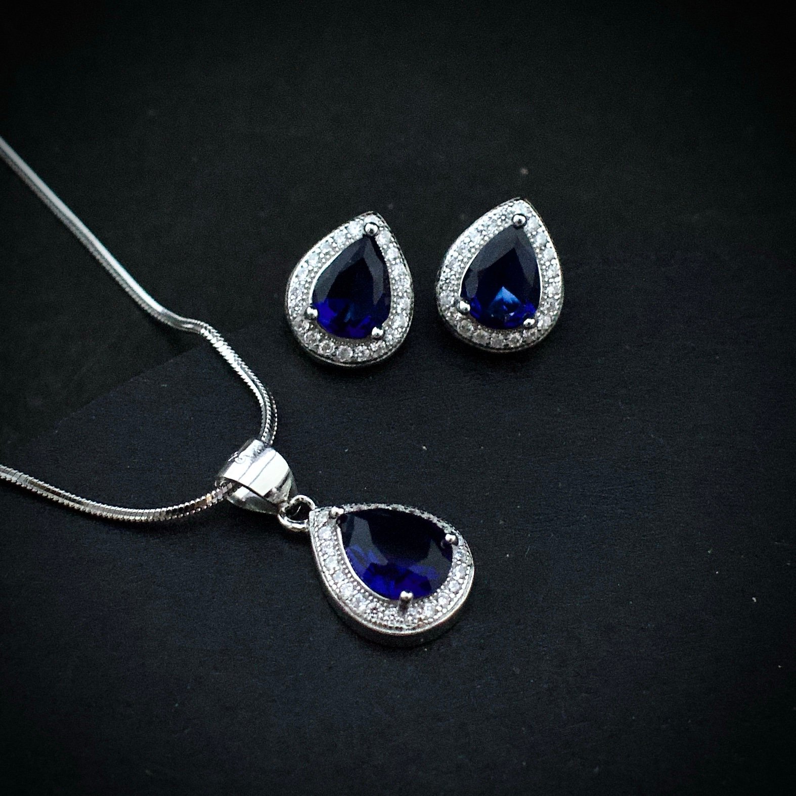 Cubic zirconia pendant earring set, 925 sterling silver and Blue white CZ necklace, Unique birthday gift, Wedding jewelry for bridesmaid