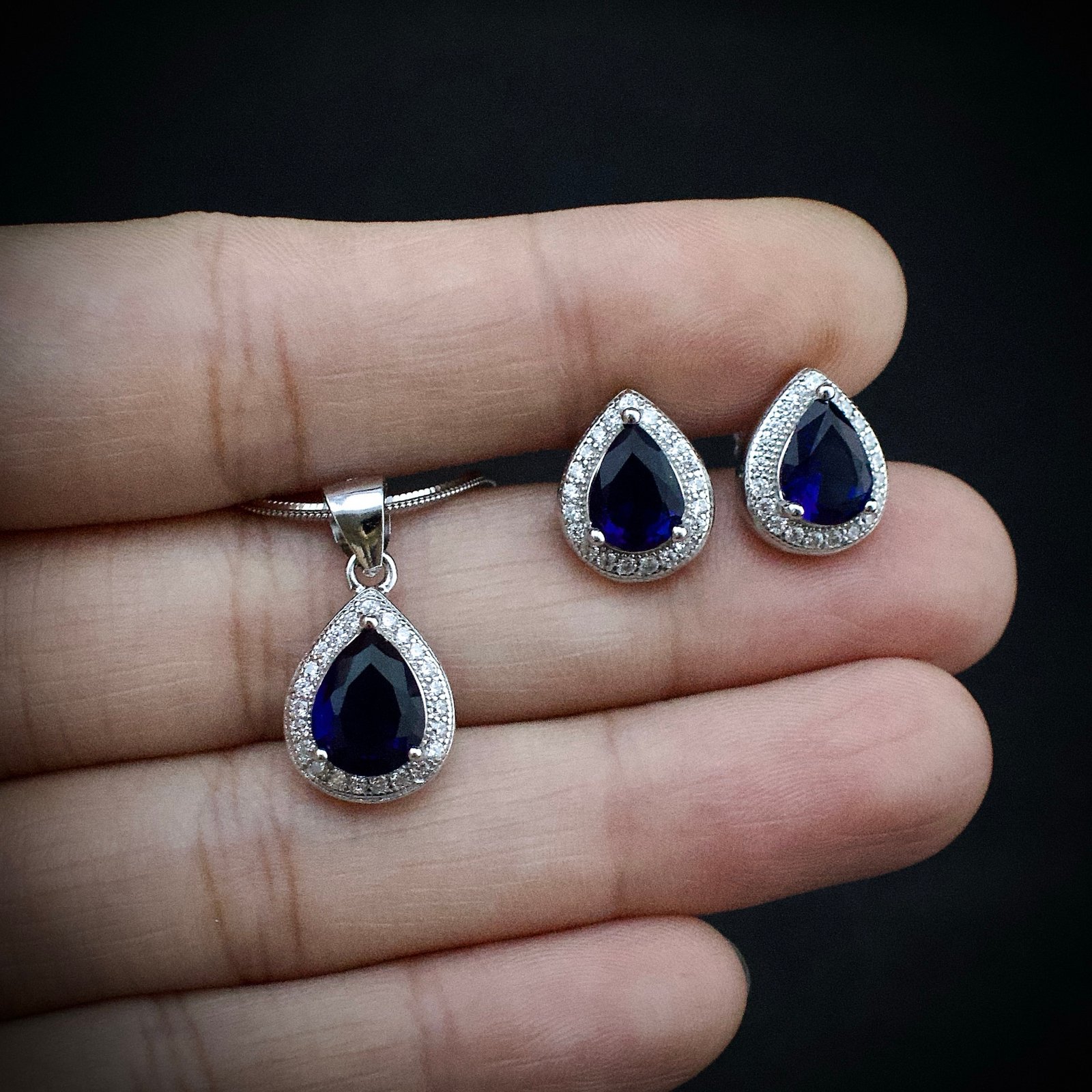 Cubic zirconia pendant earring set, 925 sterling silver and Blue white CZ necklace, Unique birthday gift, Wedding jewelry for bridesmaid