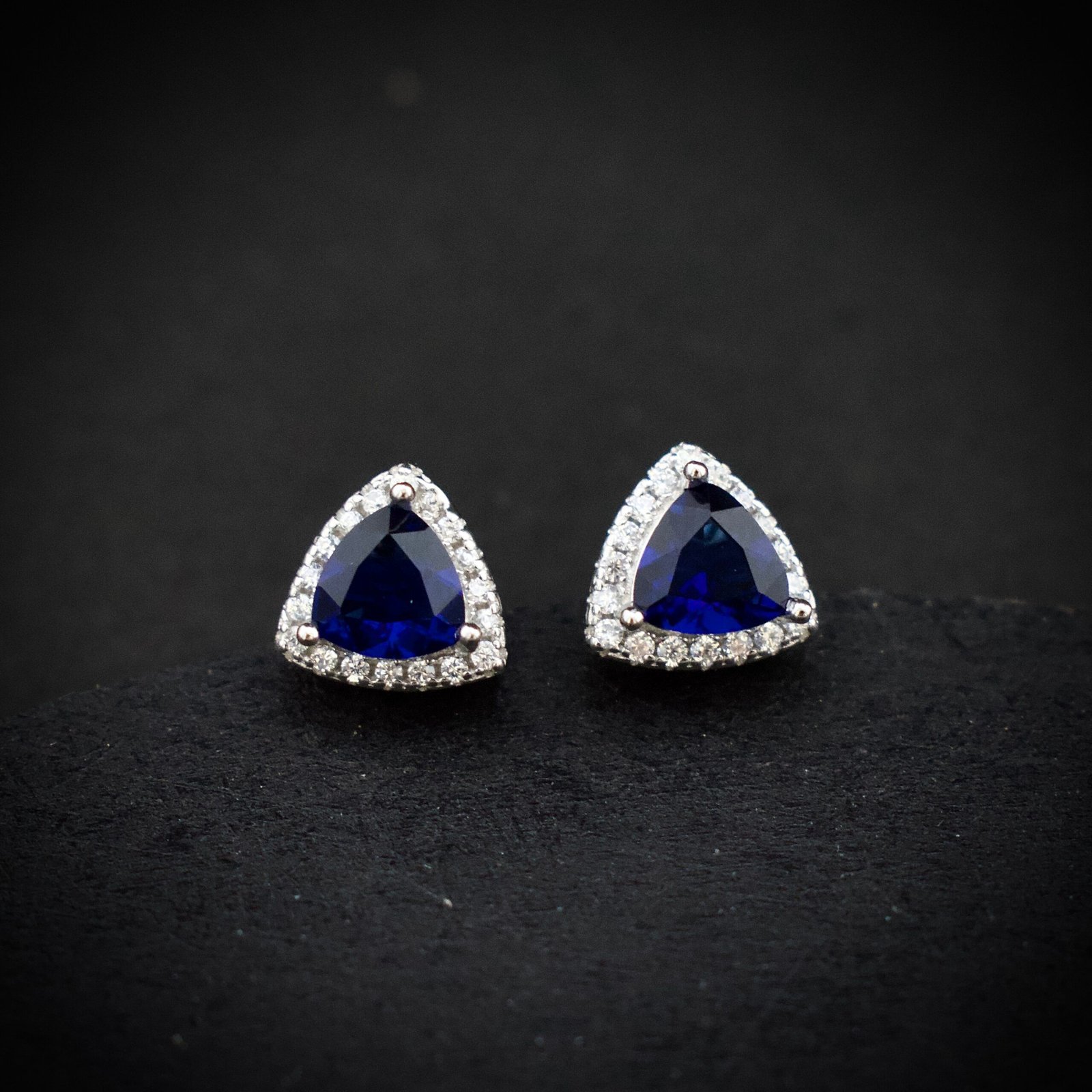 Triangle stud earring, 925 sterling silver and blue white cubic zirconia earrings, Unique handmade birthday gift, Wedding jewelry for bride