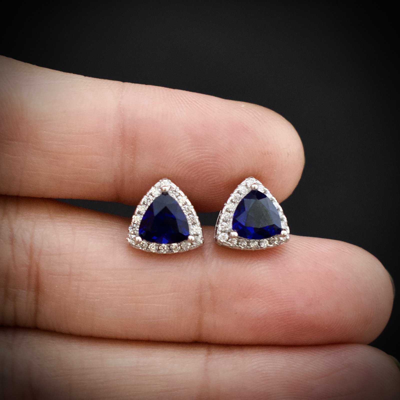 Triangle stud earring, 925 sterling silver and blue white cubic zirconia earrings, Unique handmade birthday gift, Wedding jewelry for bride