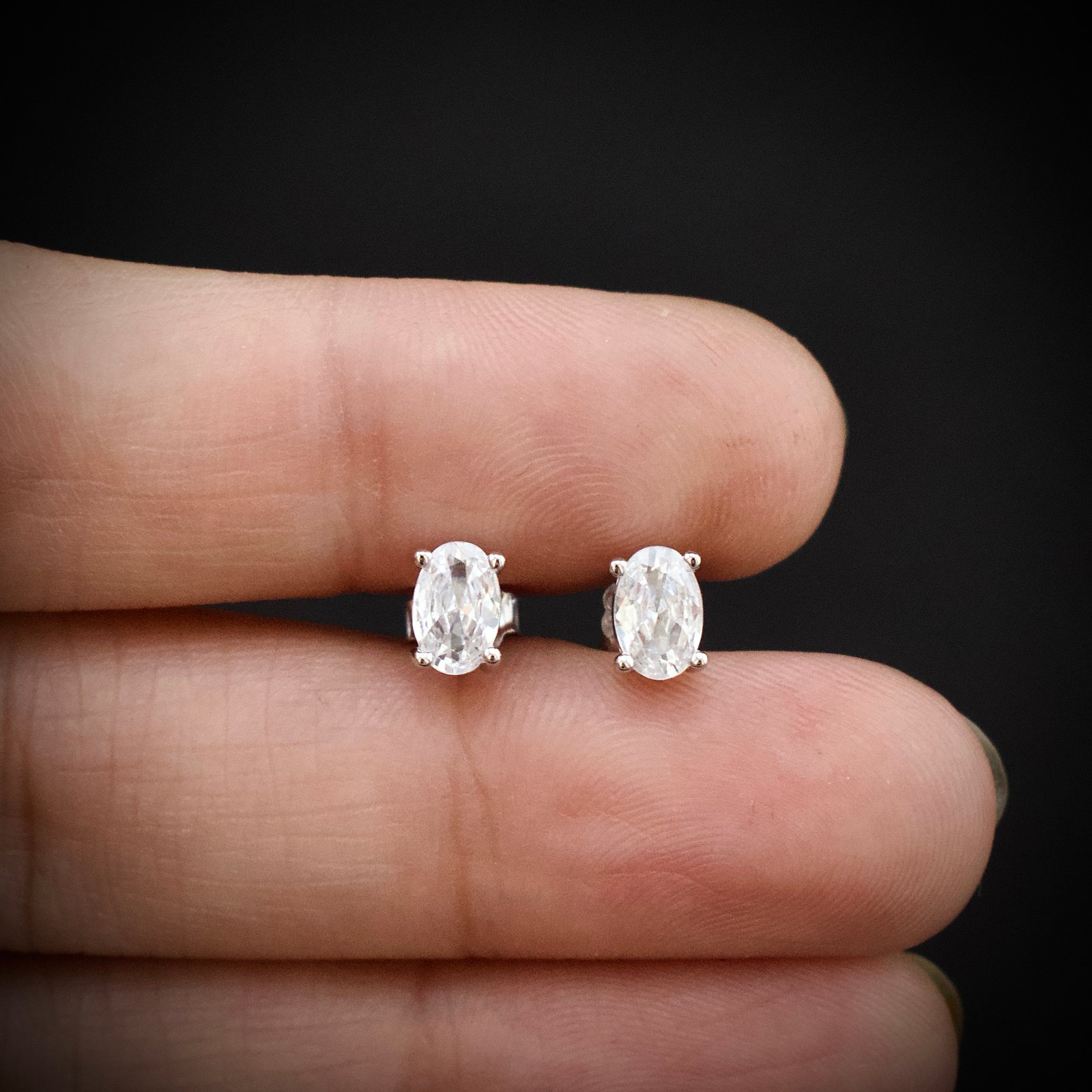 Oval stud earring, 925 sterling silver and white cubic zirconia earrings, Unique handmade birthday gift, Wedding jewelry for bride