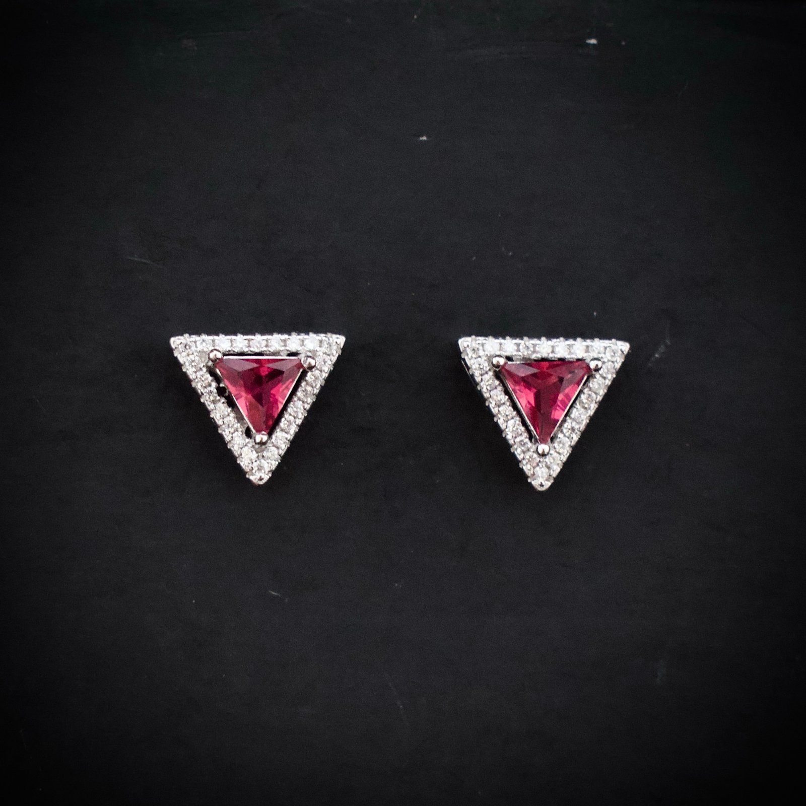 Triangle stud earring, 925 sterling silver and pink white cubic zirconia earrings, Unique handmade birthday gift, Wedding jewelry for bride