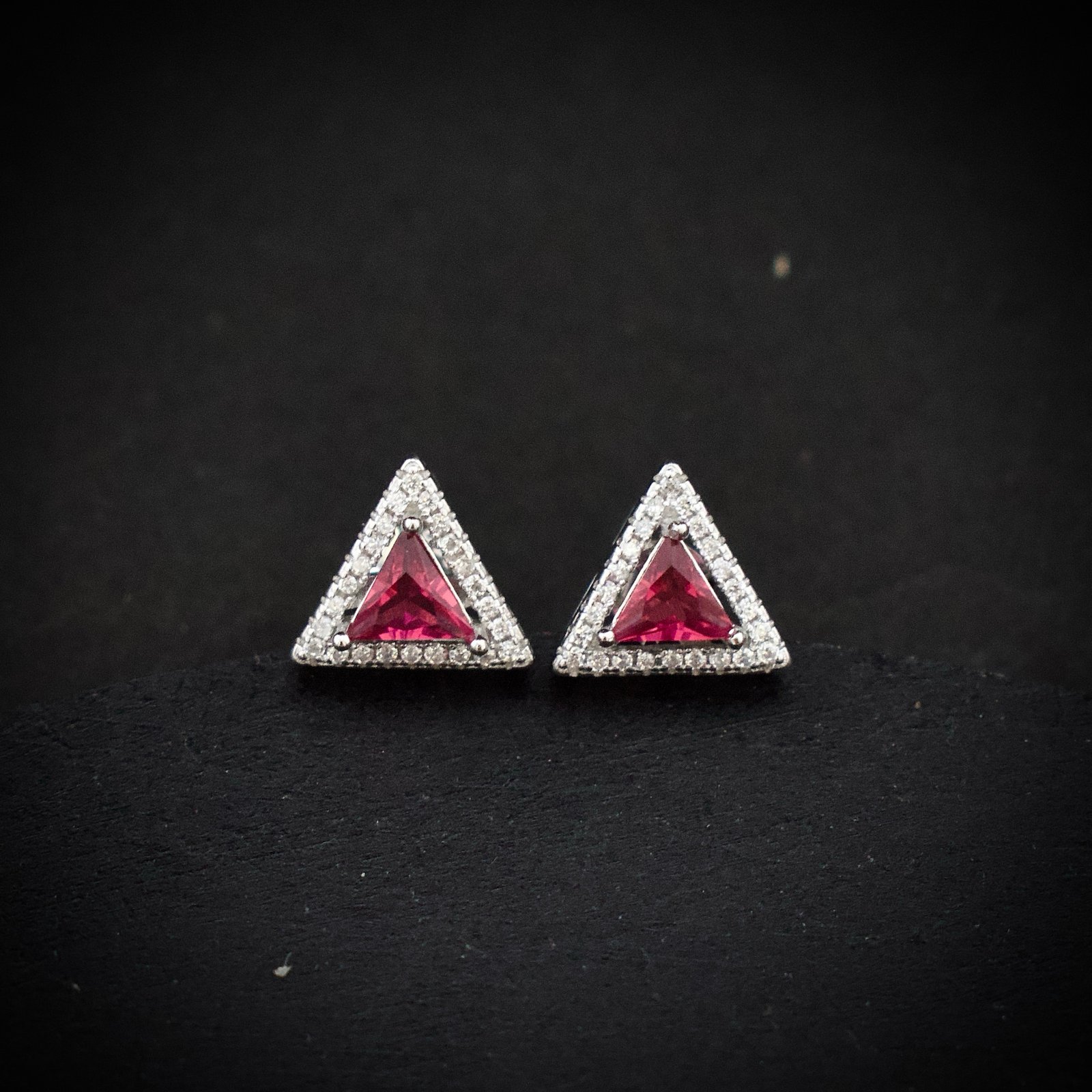 Triangle stud earring, 925 sterling silver and pink white cubic zirconia earrings, Unique handmade birthday gift, Wedding jewelry for bride