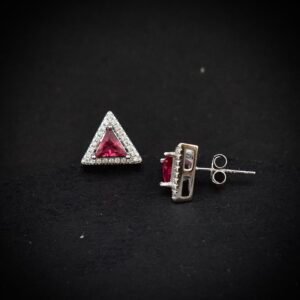 Triangle stud earring, 925 sterling silver and pink white cubic zirconia earrings, Unique handmade birthday gift, Wedding jewelry for bride