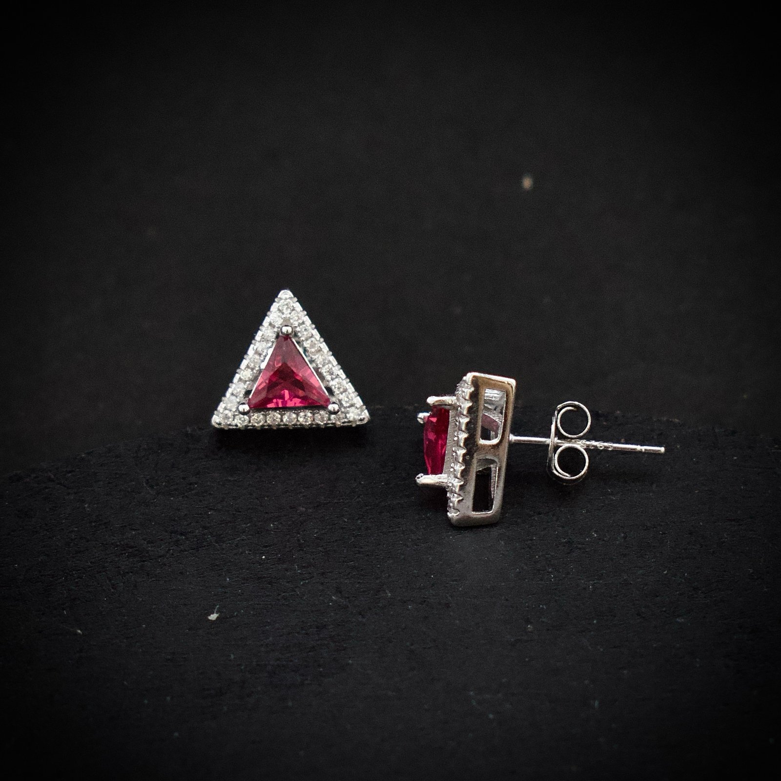 Triangle stud earring, 925 sterling silver and pink white cubic zirconia earrings, Unique handmade birthday gift, Wedding jewelry for bride