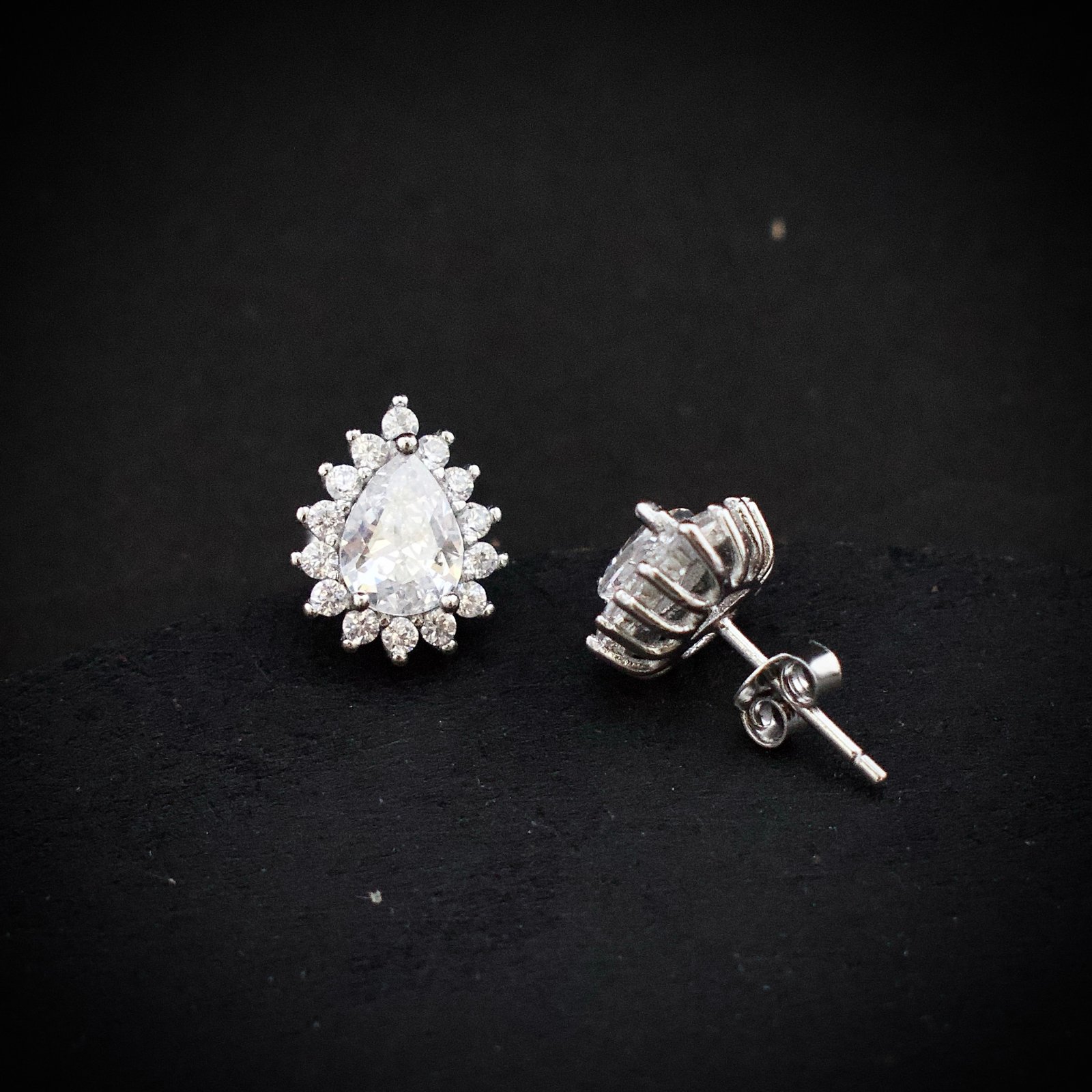 Pear stud earring, 925 sterling silver and white cubic zirconia earrings, Unique handmade birthday gift, Wedding jewelry for bride