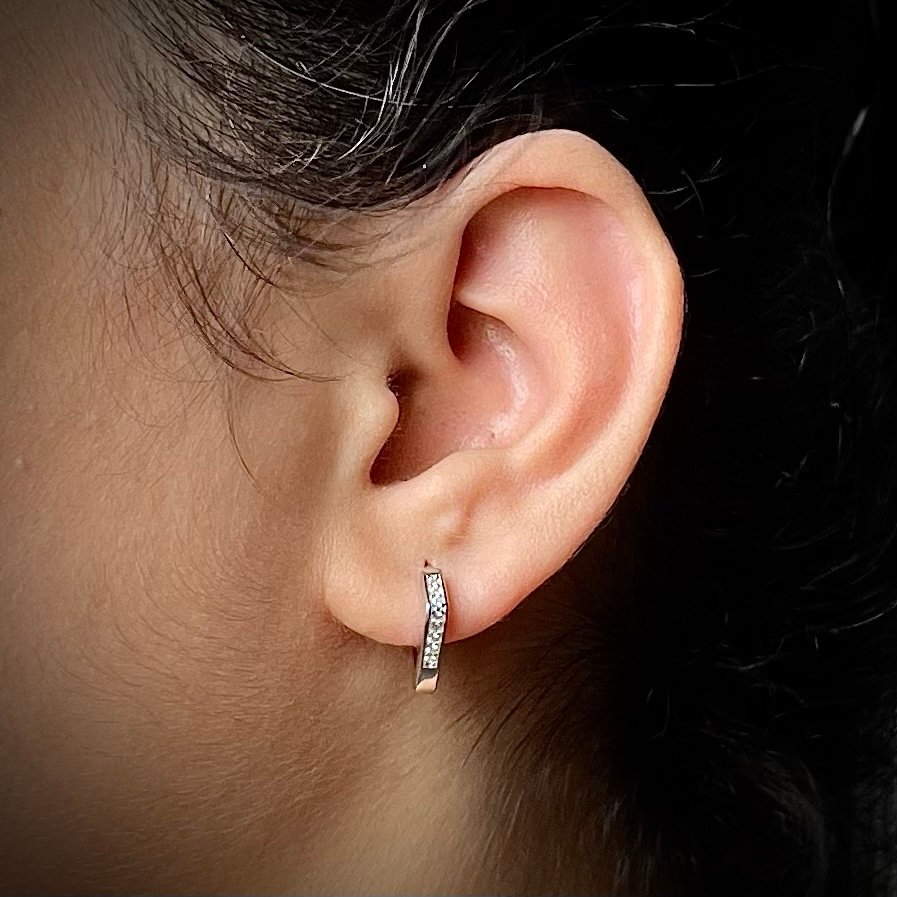 Huggie hoop earring, 925 sterling silver and white cubic zirconia earrings, Unique handmade birthday gift, Wedding jewelry for bride