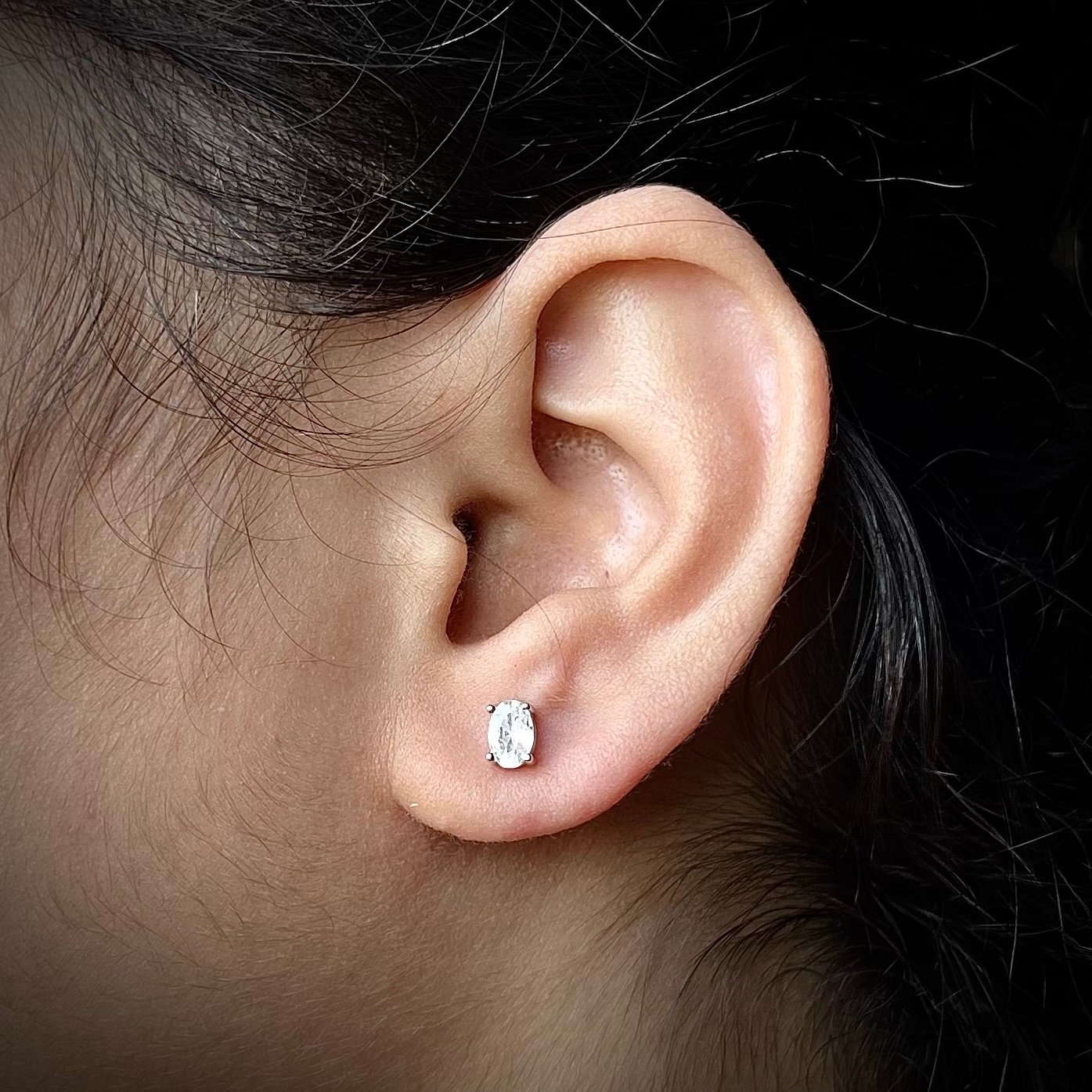 Oval stud earring, 925 sterling silver and white cubic zirconia earrings, Unique handmade birthday gift, Wedding jewelry for bride