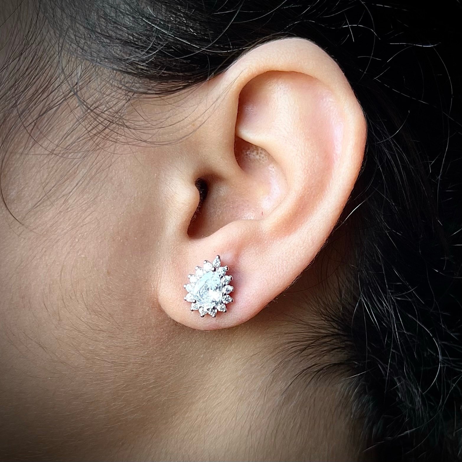 Pear stud earring, 925 sterling silver and white cubic zirconia earrings, Unique handmade birthday gift, Wedding jewelry for bride