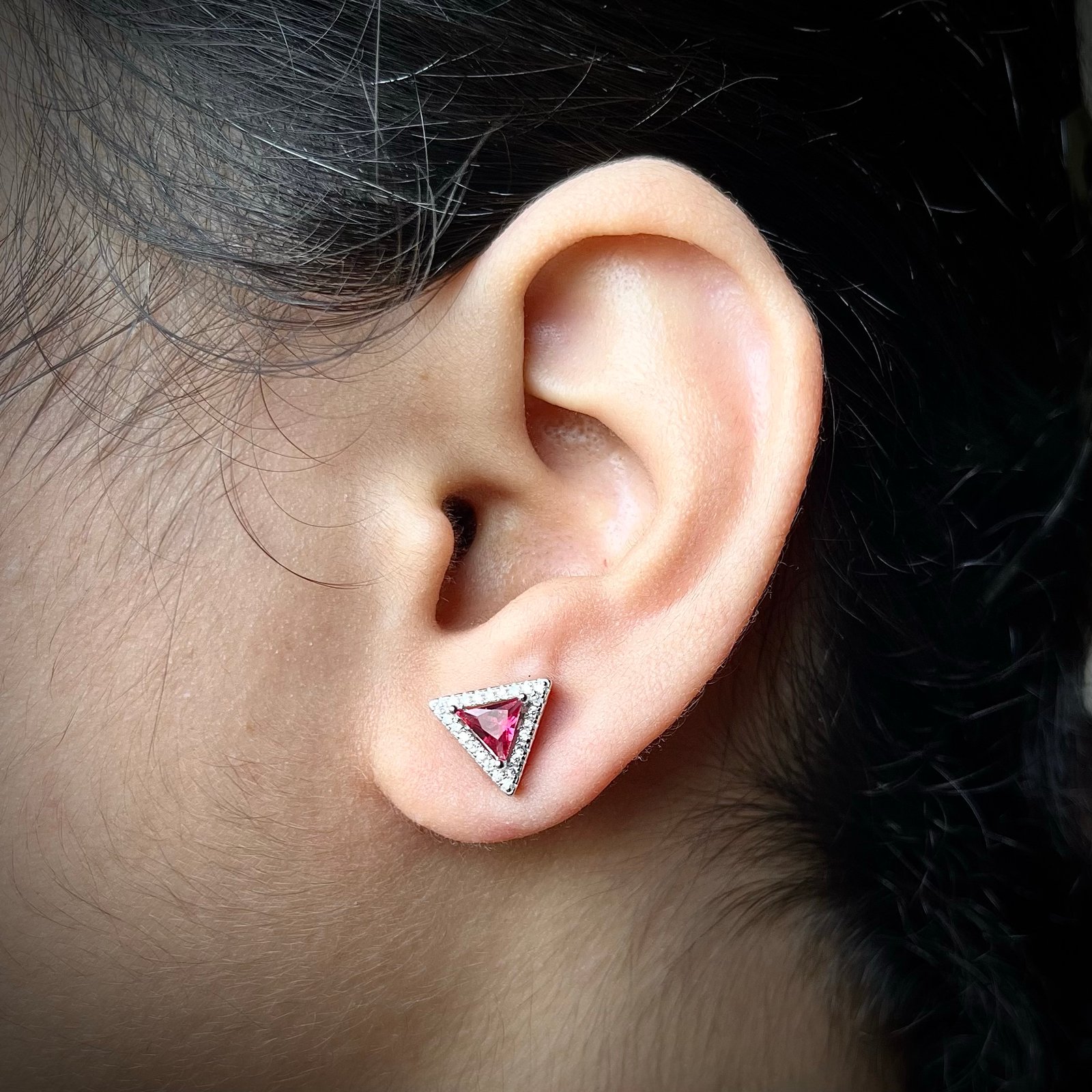 Triangle stud earring, 925 sterling silver and pink white cubic zirconia earrings, Unique handmade birthday gift, Wedding jewelry for bride