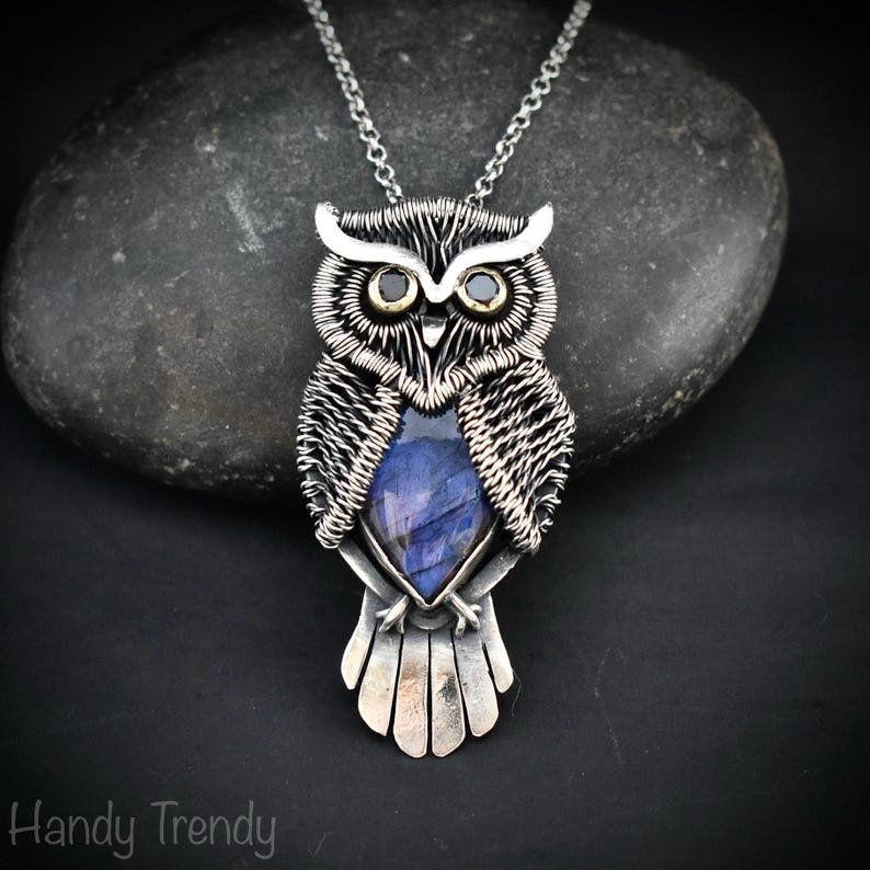 Horned owl pendant, 925 sterling silver and blue labradorite pendant, animal necklace, Ond of a kind necklace