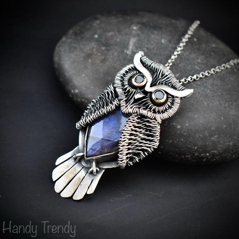 Horned owl pendant, 925 sterling silver and blue labradorite pendant, animal necklace, Ond of a kind necklace
