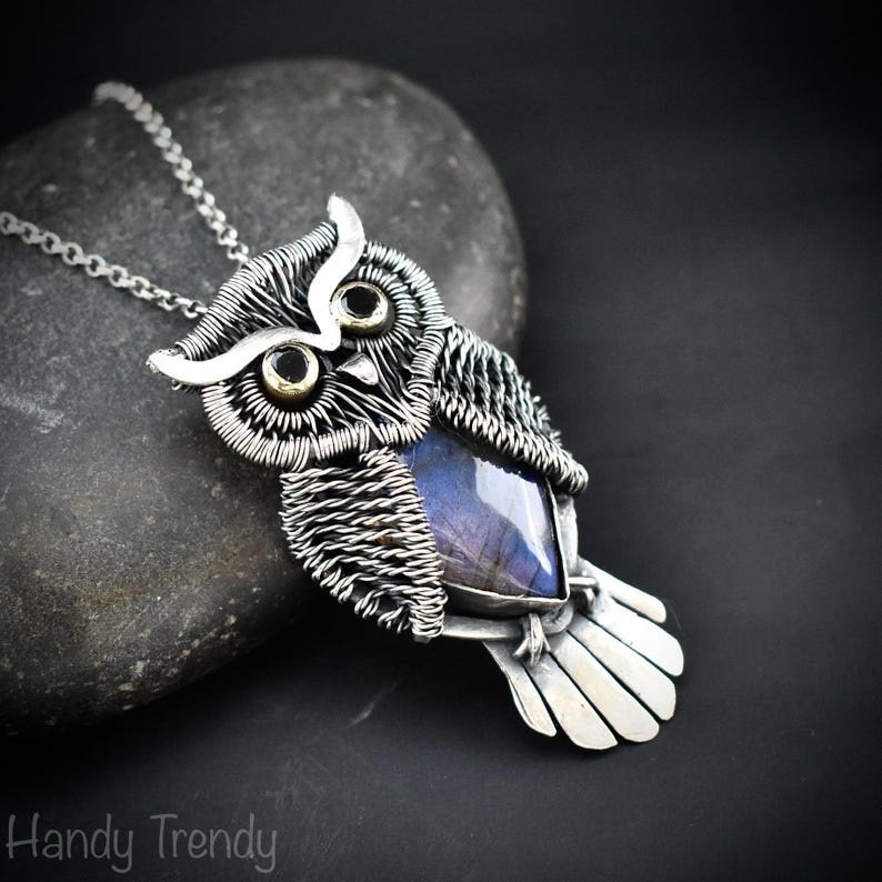 Horned owl pendant, 925 sterling silver and blue labradorite pendant, animal necklace, Ond of a kind necklace