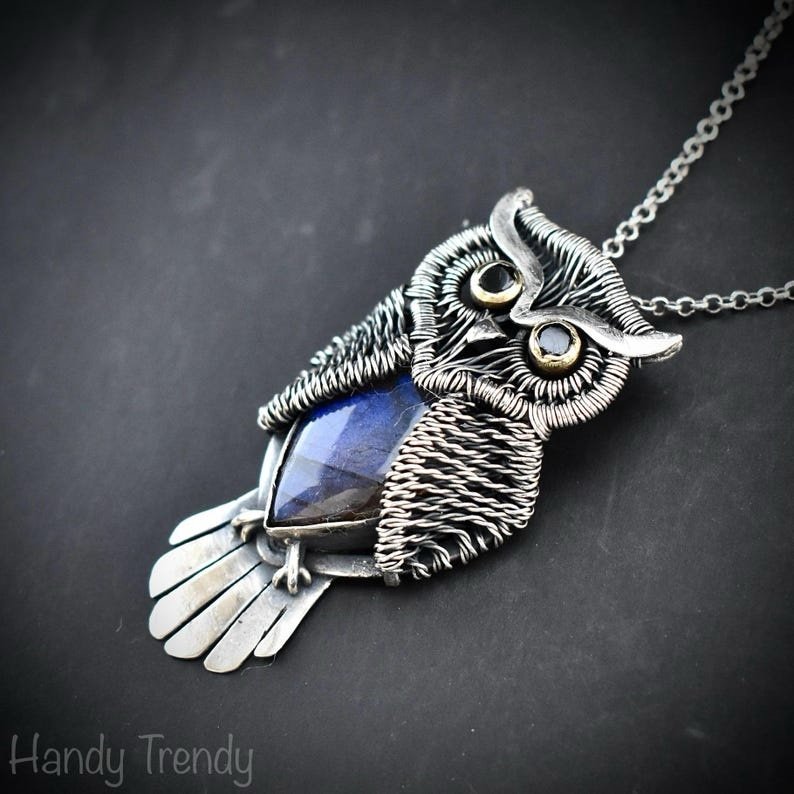 Horned owl pendant, 925 sterling silver and blue labradorite pendant, animal necklace, Ond of a kind necklace