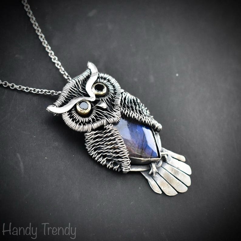 Horned owl pendant, 925 sterling silver and blue labradorite pendant, animal necklace, Ond of a kind necklace