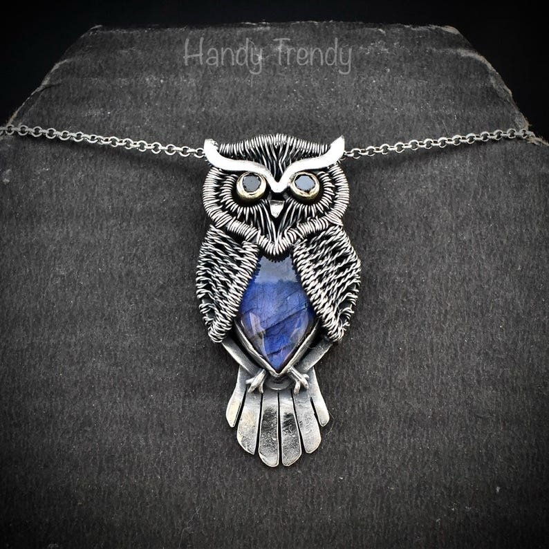Horned owl pendant, 925 sterling silver and blue labradorite pendant, animal necklace, Ond of a kind necklace