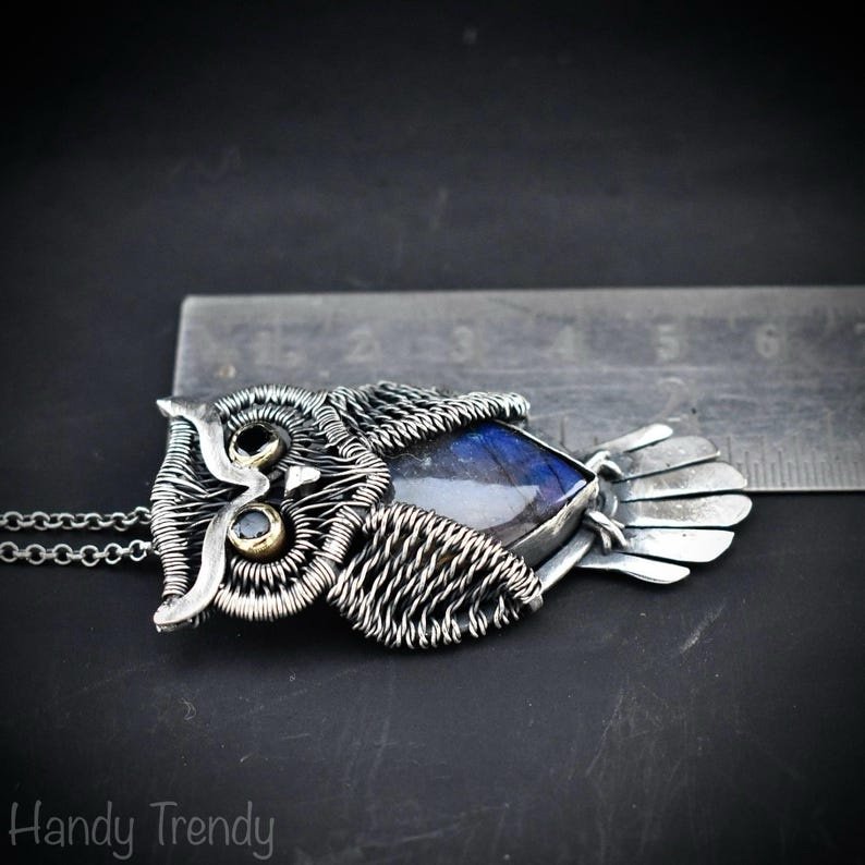 Horned owl pendant, 925 sterling silver and blue labradorite pendant, animal necklace, Ond of a kind necklace