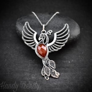 Phoenix pendant, Orange carnelian fire bird necklace, 925 sterling silver jewelry, Unique handmade one of a kind piece