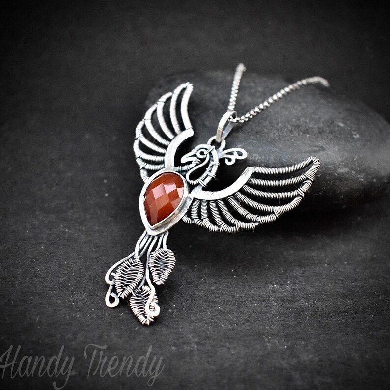 Phoenix pendant, Orange carnelian fire bird necklace, 925 sterling silver jewelry, Unique handmade one of a kind piece