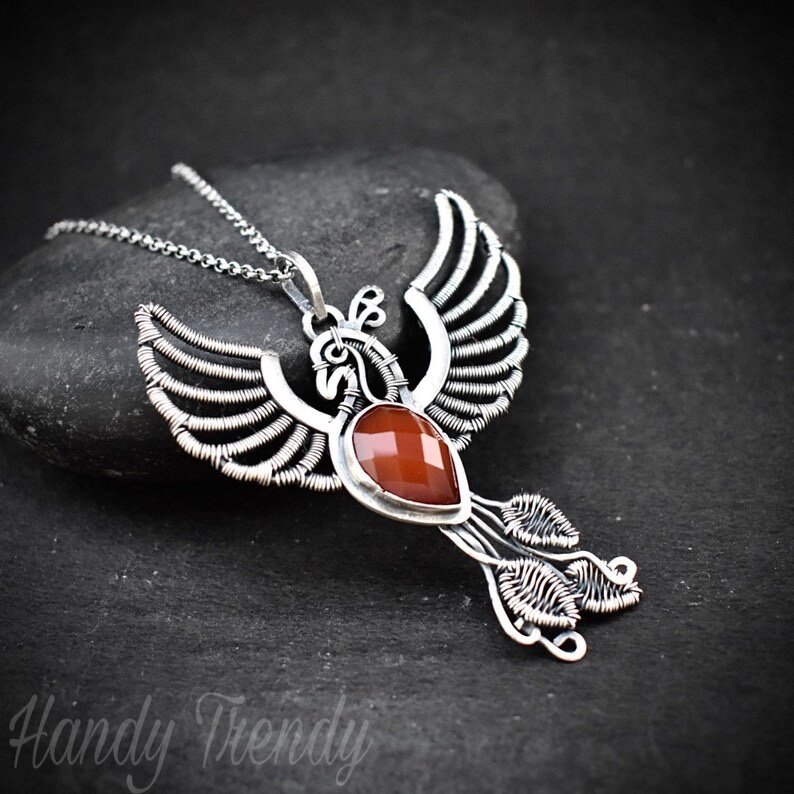 Phoenix pendant, Orange carnelian fire bird necklace, 925 sterling silver jewelry, Unique handmade one of a kind piece