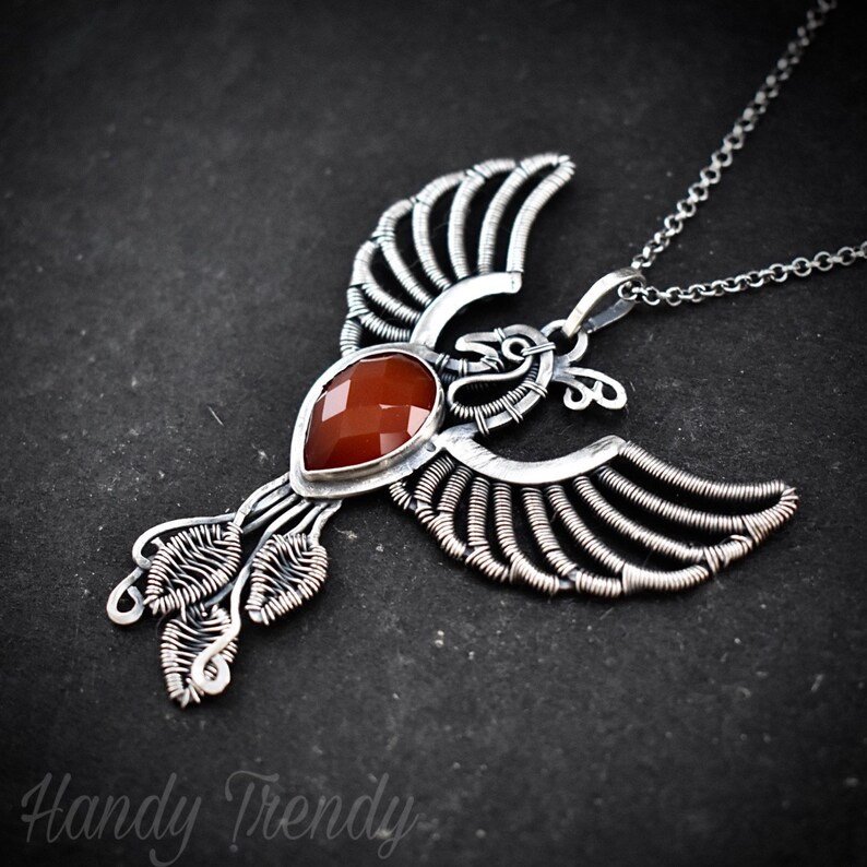 Phoenix pendant, Orange carnelian fire bird necklace, 925 sterling silver jewelry, Unique handmade one of a kind piece