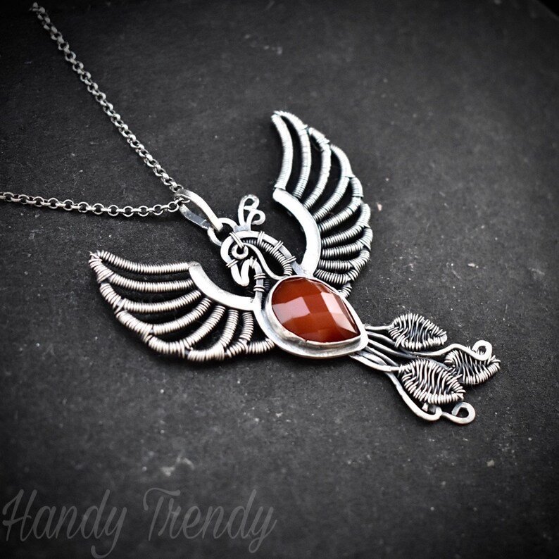 Phoenix pendant, Orange carnelian fire bird necklace, 925 sterling silver jewelry, Unique handmade one of a kind piece