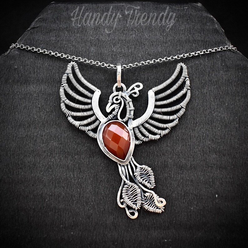 Phoenix pendant, Orange carnelian fire bird necklace, 925 sterling silver jewelry, Unique handmade one of a kind piece