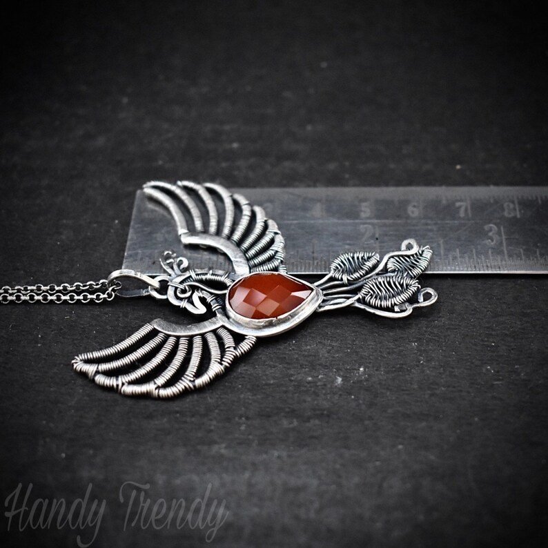Phoenix pendant, Orange carnelian fire bird necklace, 925 sterling silver jewelry, Unique handmade one of a kind piece