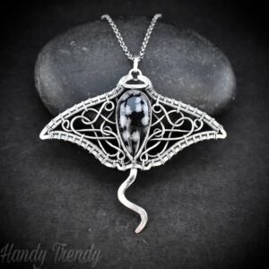Manta ray pendant, 925 sterling silver and Snow Flake Obsidian wire wrapped necklace, Unique handmade One of a kind sea animal jewelry