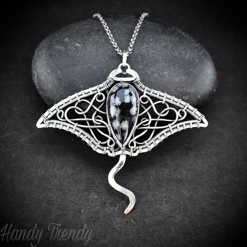 Manta ray pendant, 925 sterling silver and Snow Flake Obsidian wire wrapped necklace, Unique handmade One of a kind sea animal jewelry