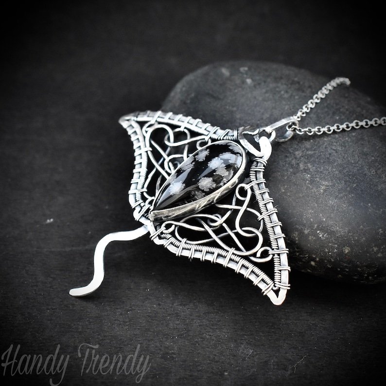 Manta ray pendant, 925 sterling silver and Snow Flake Obsidian wire wrapped necklace, Unique handmade One of a kind sea animal jewelry