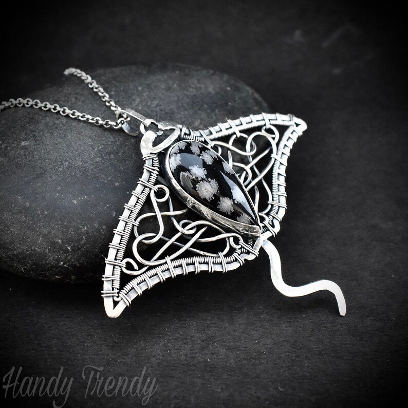 Manta ray pendant, 925 sterling silver and Snow Flake Obsidian wire wrapped necklace, Unique handmade One of a kind sea animal jewelry