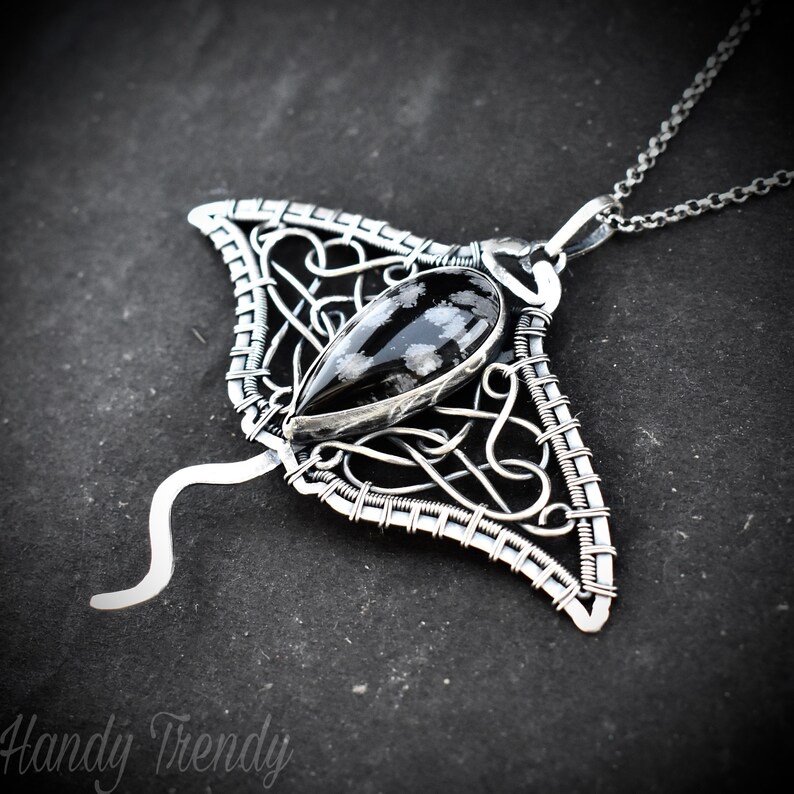 Manta ray pendant, 925 sterling silver and Snow Flake Obsidian wire wrapped necklace, Unique handmade One of a kind sea animal jewelry
