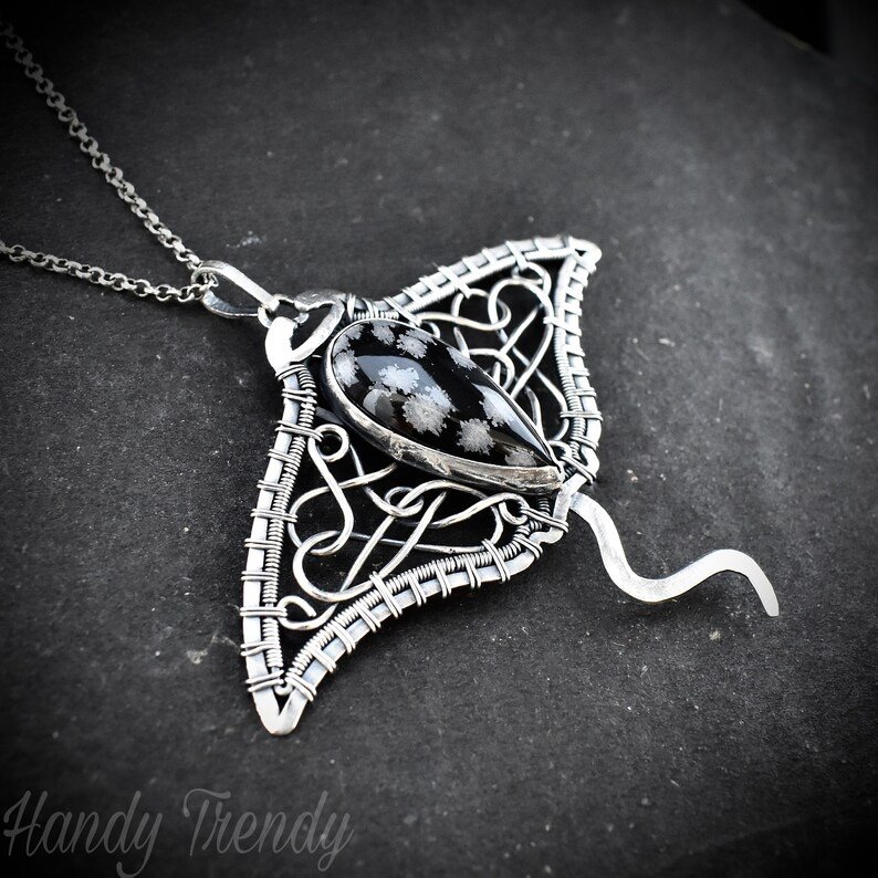 Manta ray pendant, 925 sterling silver and Snow Flake Obsidian wire wrapped necklace, Unique handmade One of a kind sea animal jewelry