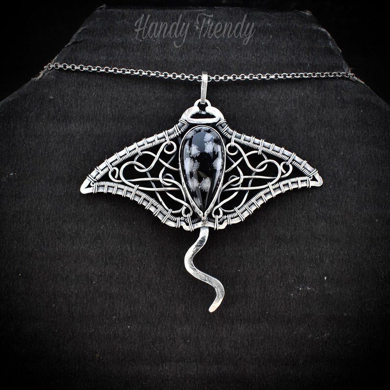 Manta ray pendant, 925 sterling silver and Snow Flake Obsidian wire wrapped necklace, Unique handmade One of a kind sea animal jewelry