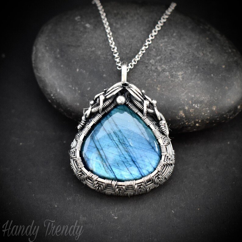 Blue labradorite cage pendant, 925 sterling silver Wire wrapped jewelry, Unique handmade one of a kind necklace