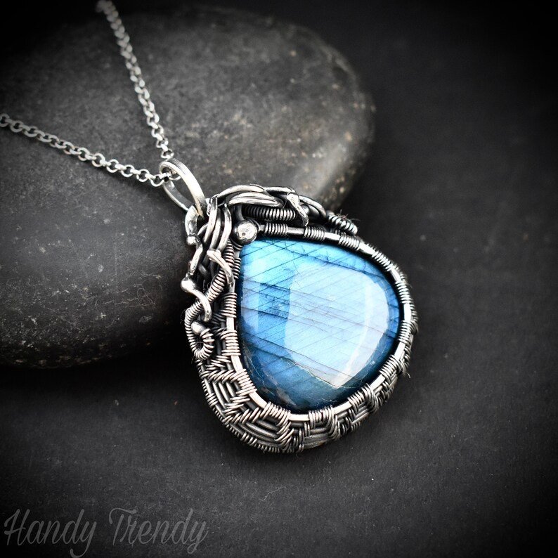Blue labradorite cage pendant, 925 sterling silver Wire wrapped jewelry, Unique handmade one of a kind necklace