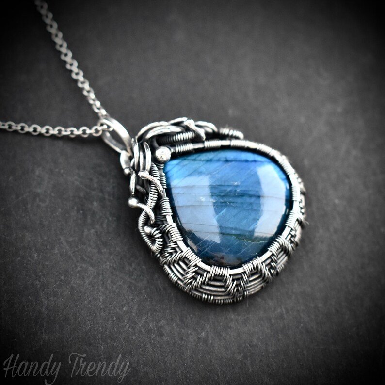 Blue labradorite cage pendant, 925 sterling silver Wire wrapped jewelry, Unique handmade one of a kind necklace