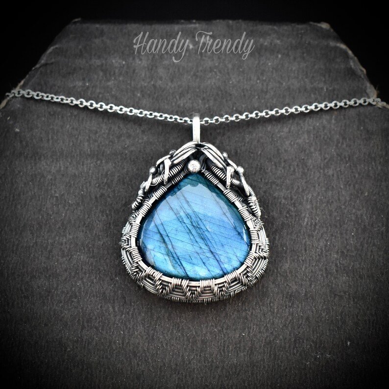 Blue labradorite cage pendant, 925 sterling silver Wire wrapped jewelry, Unique handmade one of a kind necklace