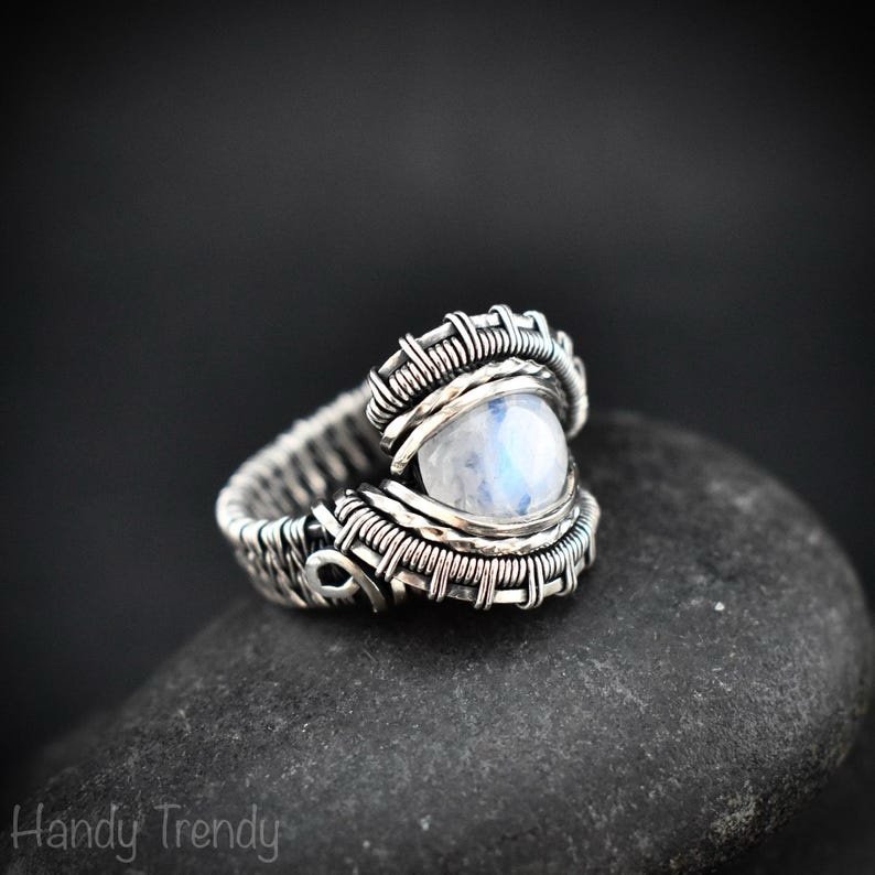 Rainbow moonstone ring, Size 6 1/2 US, 925 Sterling Silver wire wrapped jewelry, Unique handmade Birthday gift, One of a kind jewelry