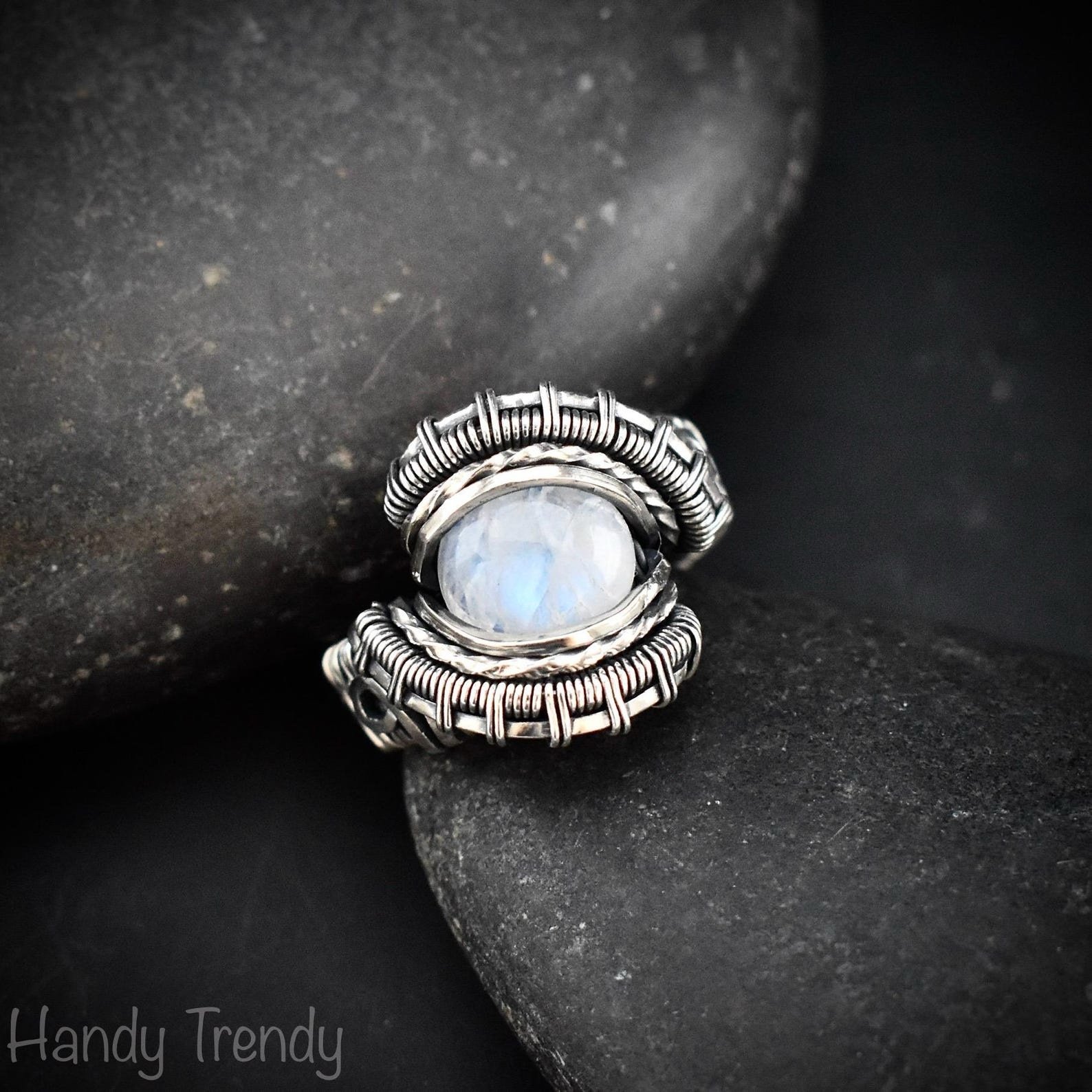 Rainbow moonstone ring, Size 6 1/2 US, 925 Sterling Silver wire wrapped jewelry, Unique handmade Birthday gift, One of a kind jewelry
