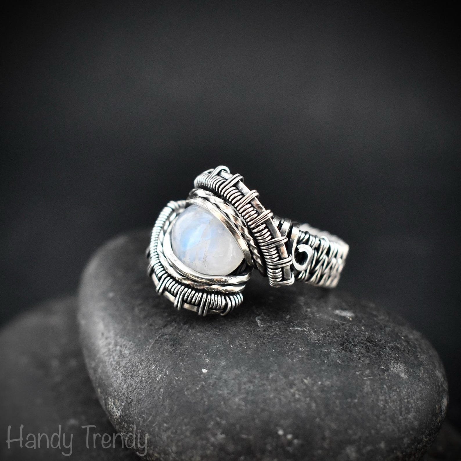 Rainbow moonstone ring, Size 6 1/2 US, 925 Sterling Silver wire wrapped jewelry, Unique handmade Birthday gift, One of a kind jewelry