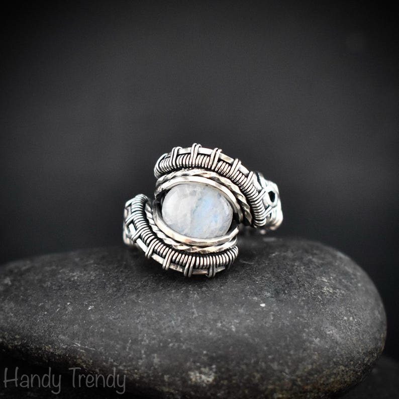 Rainbow moonstone ring, Size 6 1/2 US, 925 Sterling Silver wire wrapped jewelry, Unique handmade Birthday gift, One of a kind jewelry