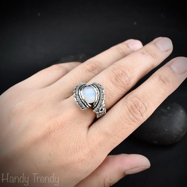 Rainbow moonstone ring, Size 6 1/2 US, 925 Sterling Silver wire wrapped jewelry, Unique handmade Birthday gift, One of a kind jewelry