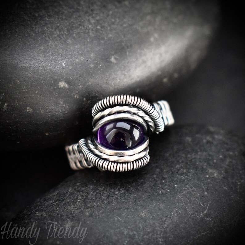 Amethyst ring, Size 7 1/2 US, 925 Sterling Silver wire wrapped jewelry, Unique handmade Birthday gift, Artisan jewelry, One of a kind pieces